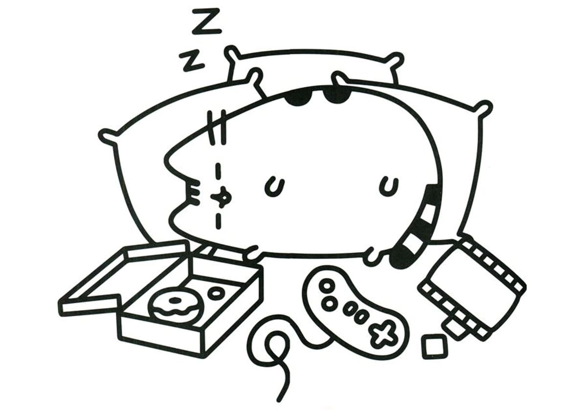 Pusheen fell asleep next to a donut coloring page